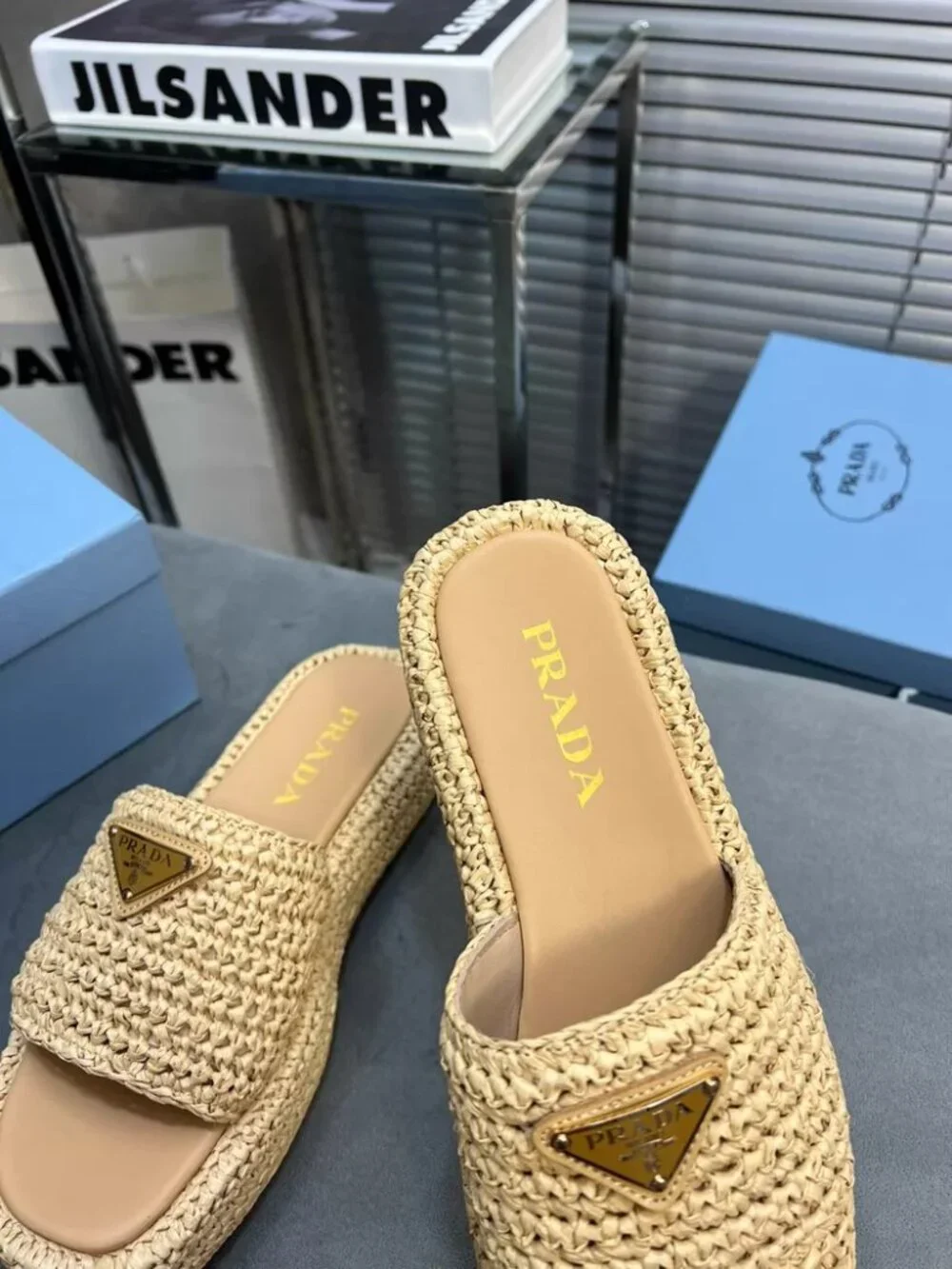 Prada Beige Woven Raffia Slide Sandals